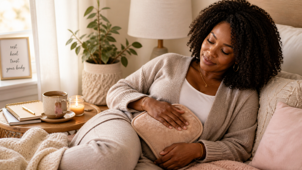 Black woman resting with a heating pad for period cramps relief