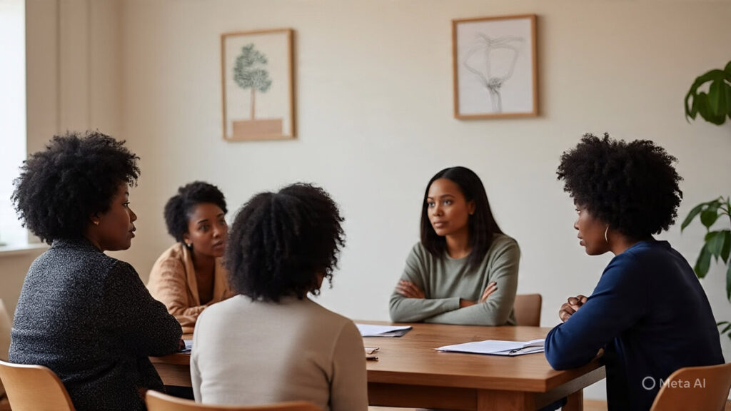 Black women supporting each other in group therapy