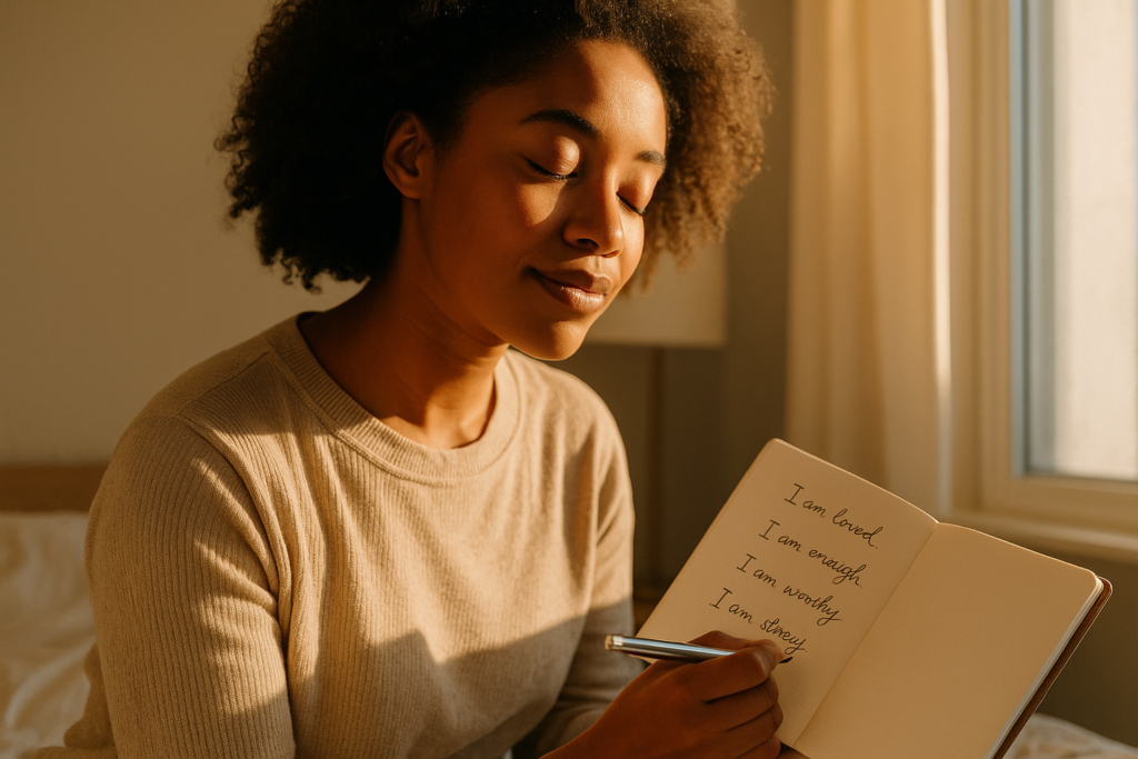Black woman journaling morning prosperity affirmations to receive with ease.