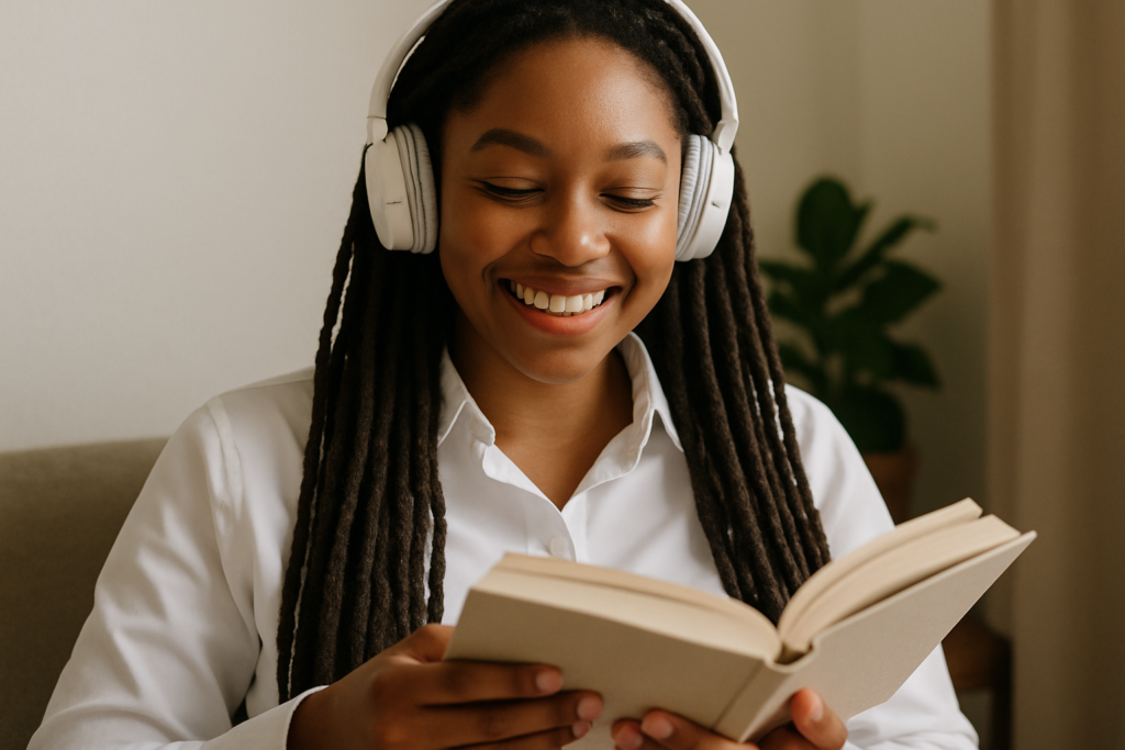 Black woman listening to an audiobook in soft morning light.