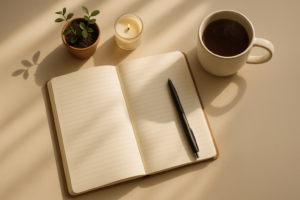 Journal, pen, and coffee cup on table symbolizing building habits for transformation through daily intentional practices.