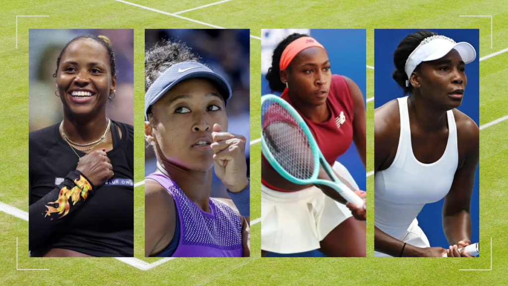 Black women tennis players Naomi Osaka, Coco Gauff, Venus Williams, and Taylor Townsend illustrating resilience under pressure.
