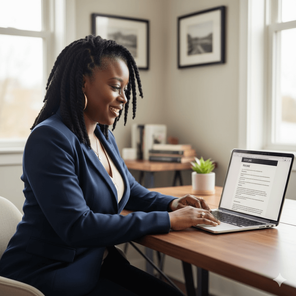 Black woman using ChatGPT career prompts to reflect on her achievements.