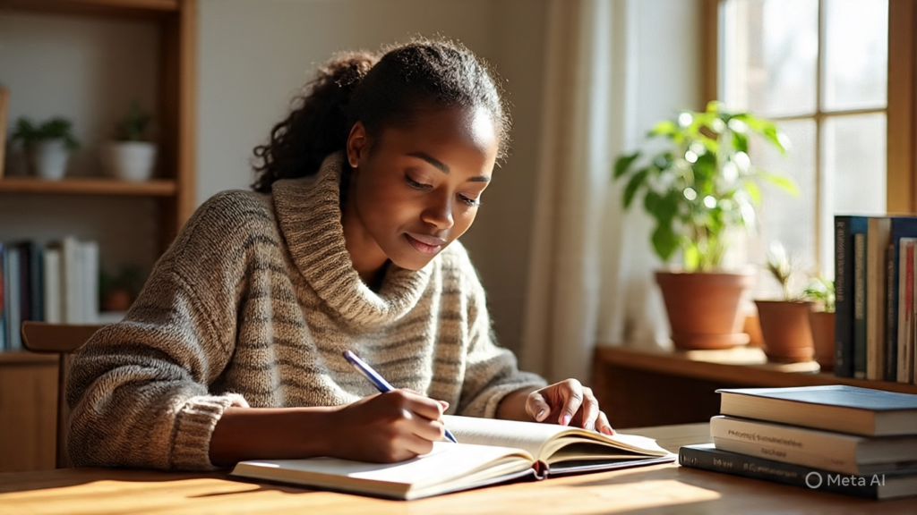 Black woman journaling for release in morning light.