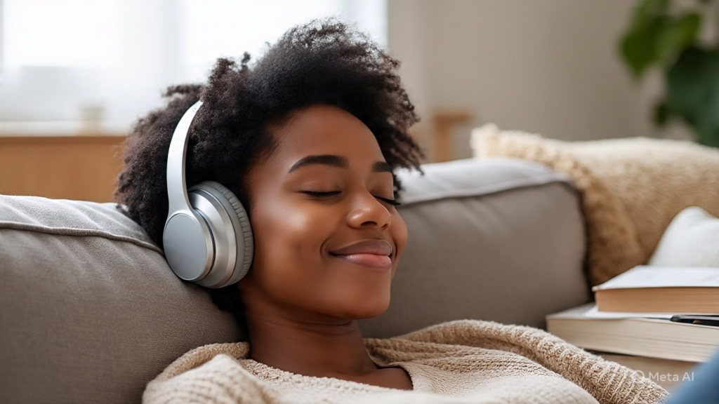Black woman listening to music as part of journaling and release ritual.