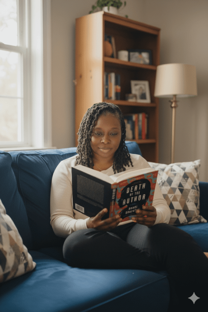 Black woman reading Death of the Author and reflecting on creativity and emotion.