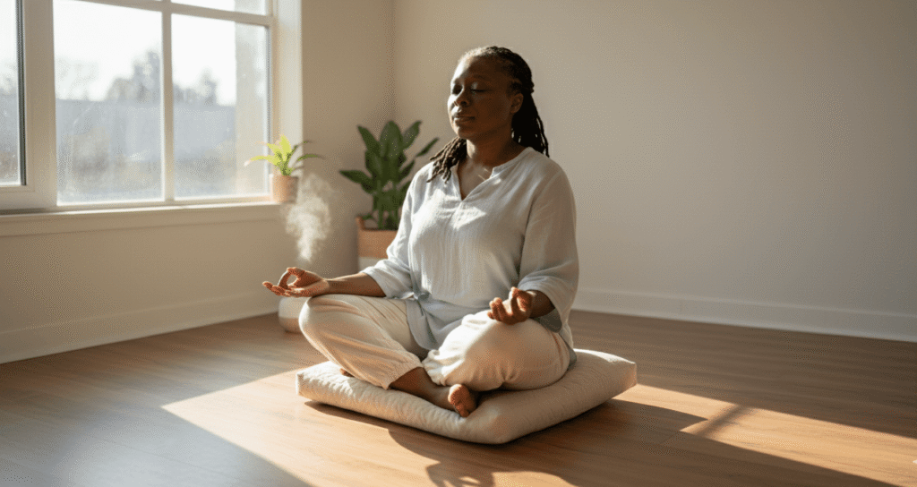 Black woman practicing meditation for spiritual awakening and self-discovery.