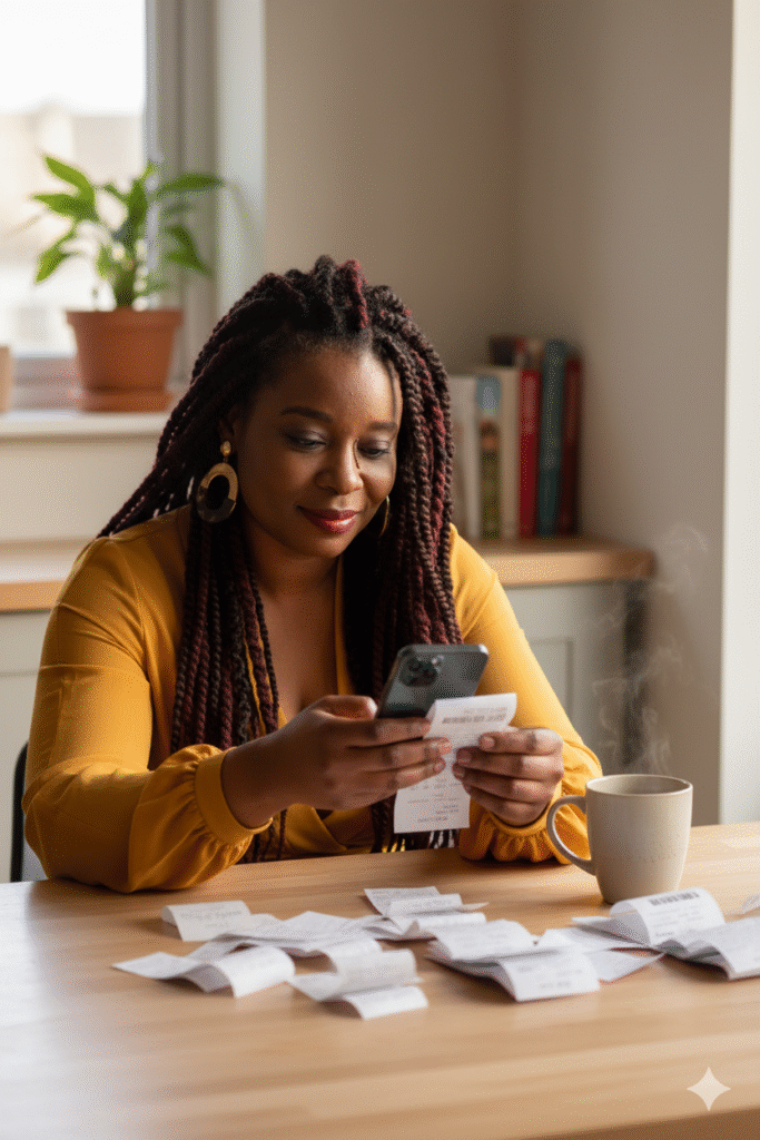 Black woman using money-saving apps in 2025 to track expenses.
