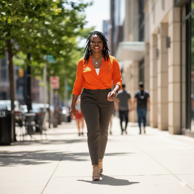 Black woman taking her first step toward her purpose through spiritual faith and consistency.