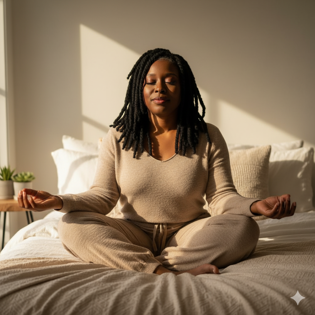 Black woman meditating in morning light practicing meditation for inner peace and spiritual alignment.