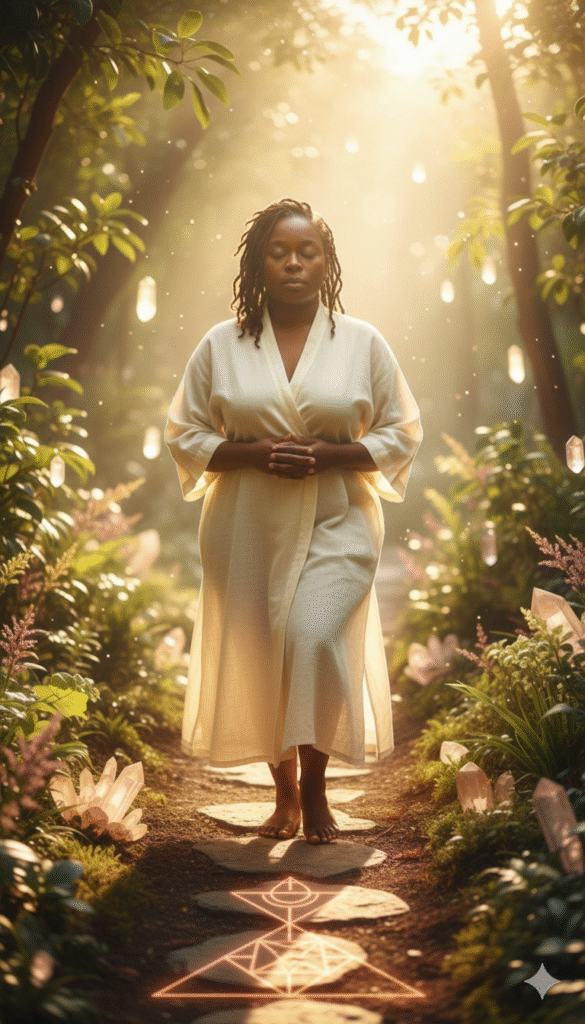 Black woman reflecting in soft morning light, taking small steps forward on her spiritual journey.