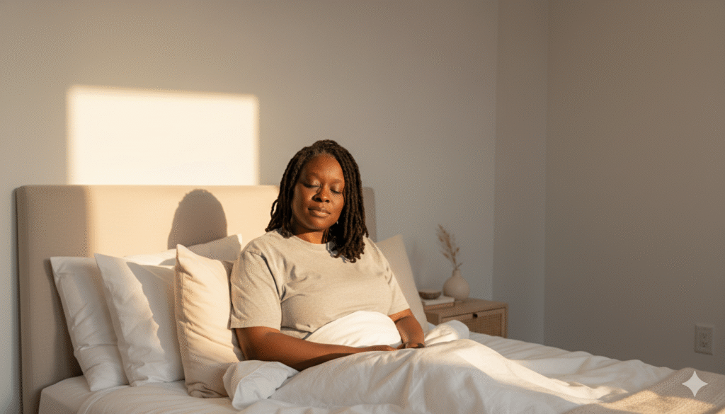 Black woman waking up softly in warm morning light, beginning her morning mindset Routine with intention and peace.