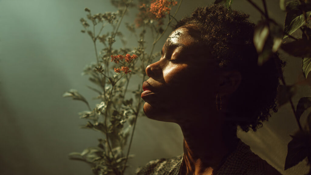 Black woman pausing in soft light, symbolizing hidden spiritual growth and seeds taking root beneath the surface.