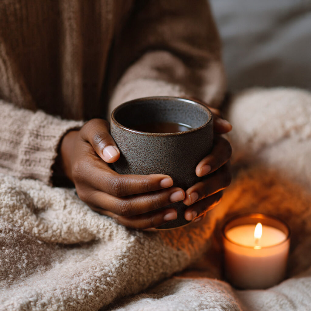 Close-up of a Black woman’s hands holding a warm mug in a cozy holiday setting.