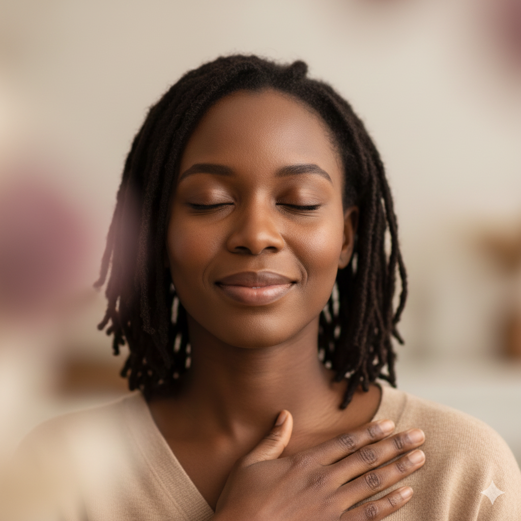 Black woman sitting quietly with eyes closed, acknowledging her emotions with compassion.