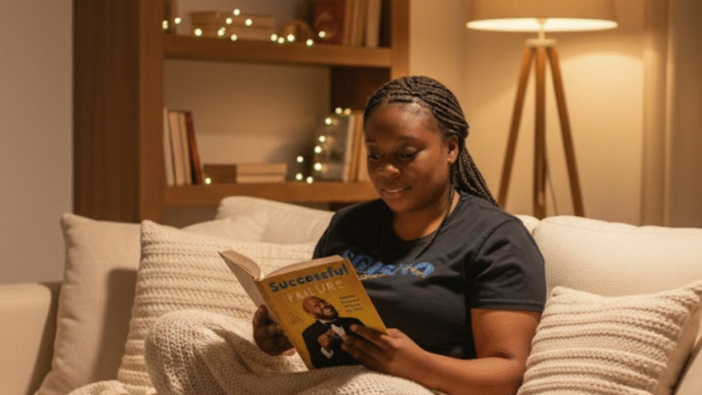 Black woman reading a book while relaxing in a cozy soft-life living room.