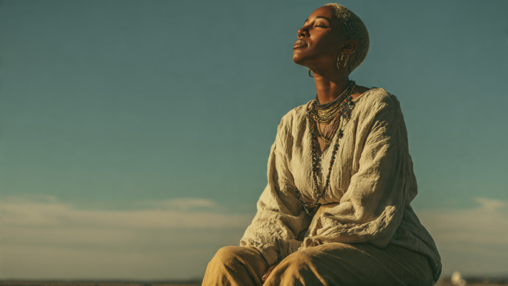 Black woman sitting in calm reflection, releasing worry and trusting divine provision.