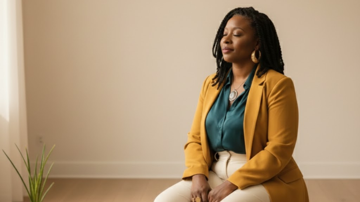 Black woman sitting calmly in an open, peaceful space, representing how to get unstuck in life by making room for alignment.