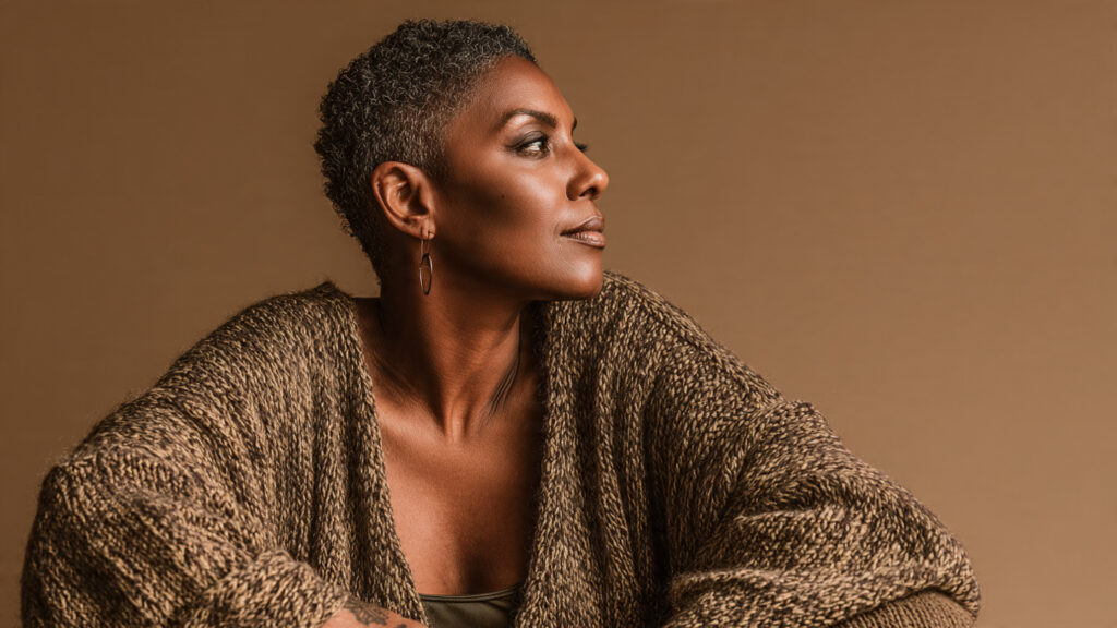 Black woman sitting calmly in reflection, representing emotional healing and shifting trust from people to God.