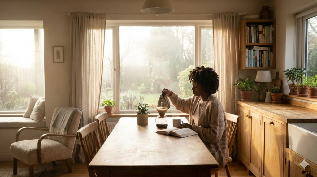 Soft morning routine with natural light creating a calm, unrushed start to the day