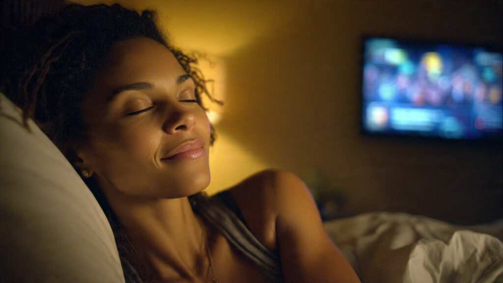 Black woman falling asleep to the same comfort show at night, reflecting on why familiar TV brings emotional safety and rest.