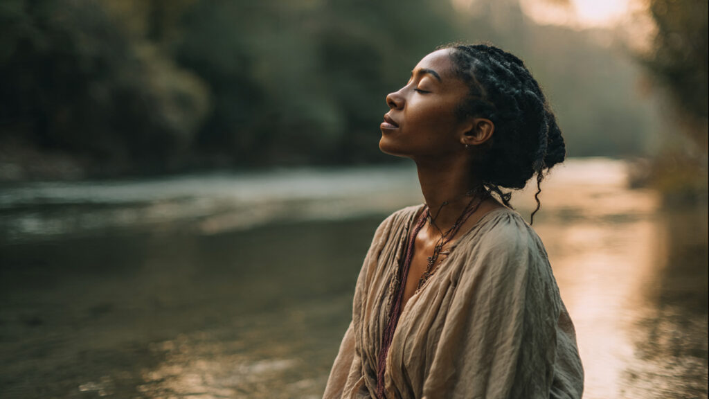 Black woman standing peacefully near a flowing river at golden hour, symbolizing surrender, inner calm, and trusting the flow of life.