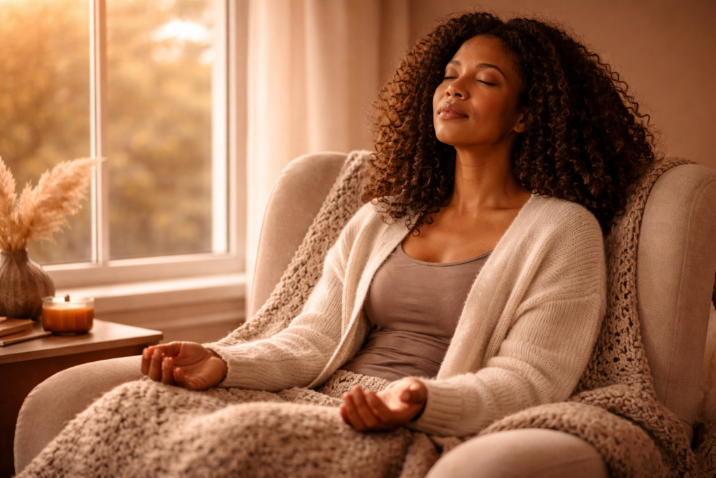 Black woman sitting peacefully by a window releasing exhaustion and surrendering to God
