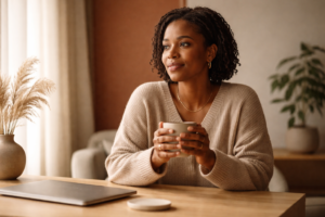 A Black woman entrepreneur sitting peacefully at her desk, hands around a mug, embodying building a business without burning out.