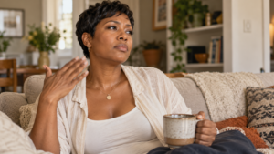 Black woman with a short pixie cut sitting on a couch, fanning herself and holding a mug while experiencing a warm, reflective midlife moment at home.