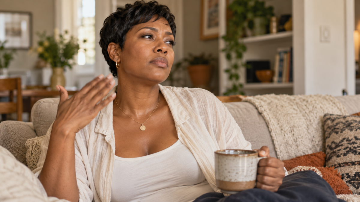 Black woman with a short pixie cut sitting on a couch, fanning herself and holding a mug while experiencing a warm, reflective midlife moment at home.