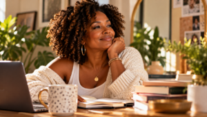 Black woman with natural curls smiling at her desk in a sunlit creative workspace, surrounded by books and plants.