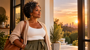 Confident Black woman in her 40s standing near an open doorway, looking toward the sunset and a new chapter in life.