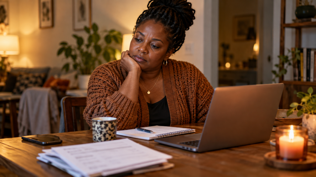 Black woman in her 40s sitting thoughtfully at a laptop while reflecting on work, job-market silence, and career transition after 40.